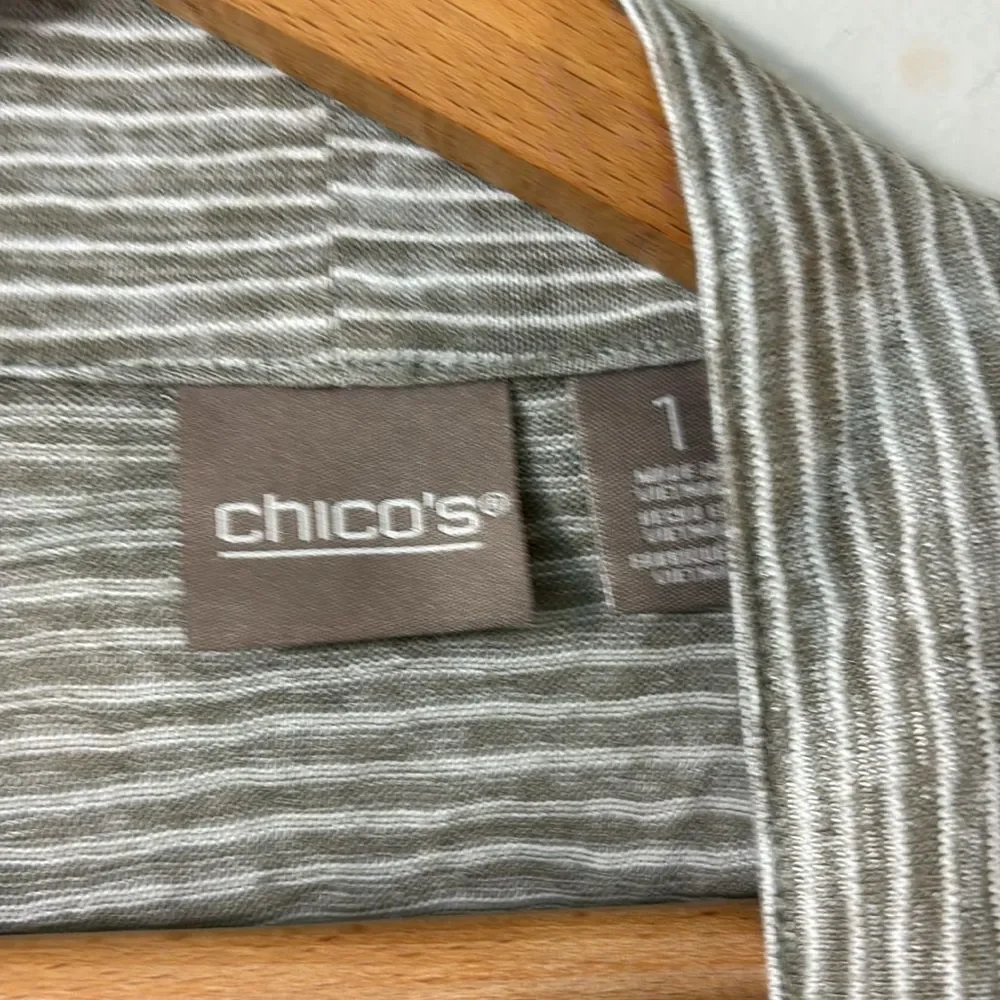 Chico’s Open draped Cardigan 3/4 sleeve grey white pinstripe size 1 Medium